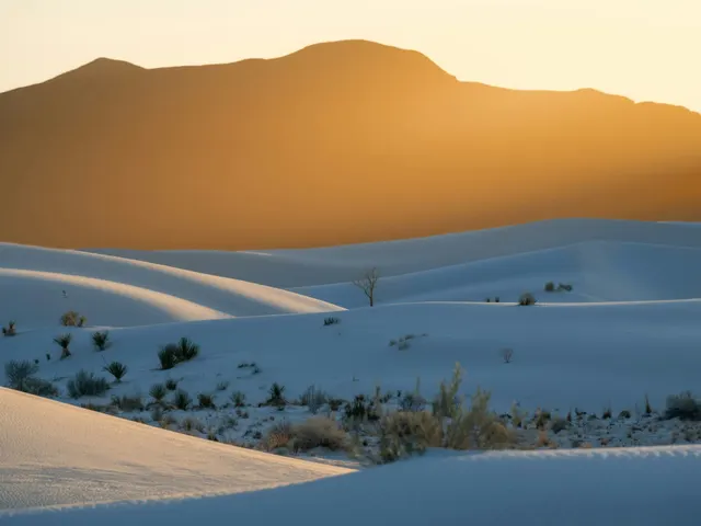 Golden sunlight spills over the distant mountains, casting a warm glow on the rippled dunes of White Sands National Park jigsaw puzzle