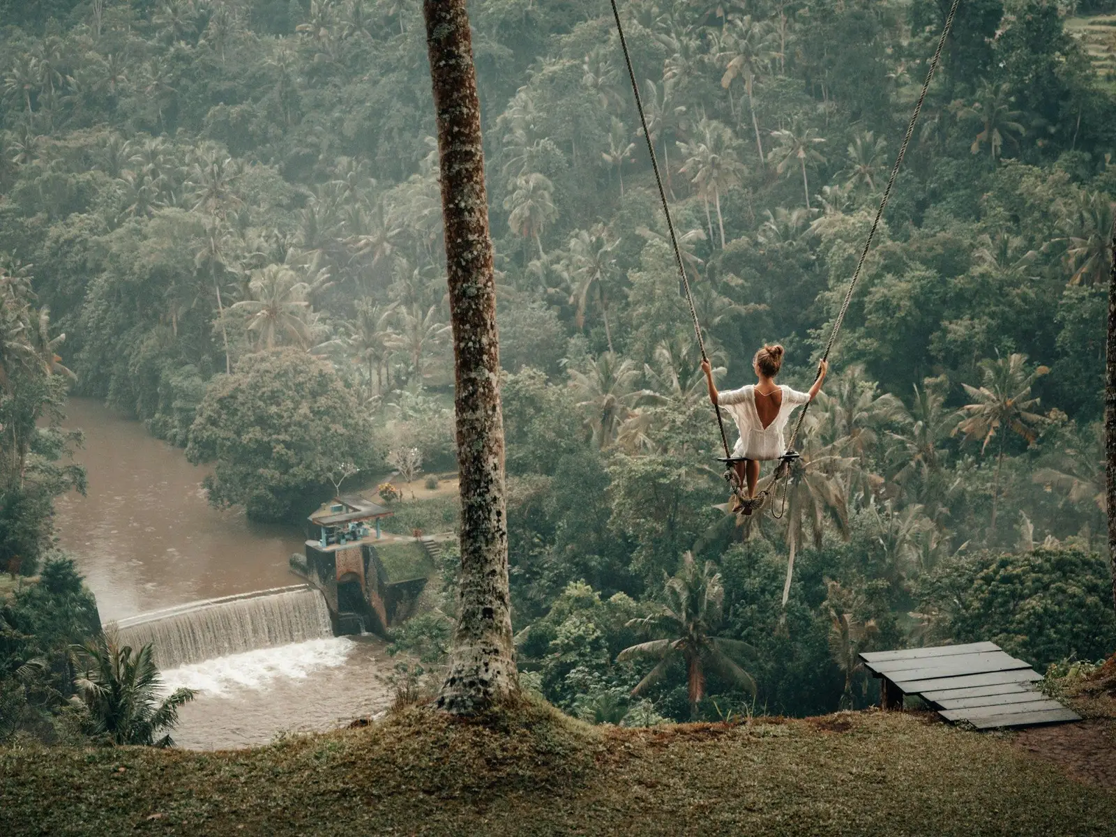 woman wearing white top on swing across river jigsaw puzzle